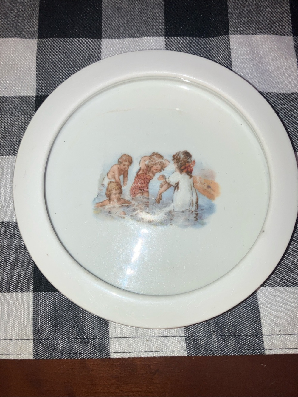 Antique Porridge Nursery Bowl ridged Ceramic Children swimming scene Germany